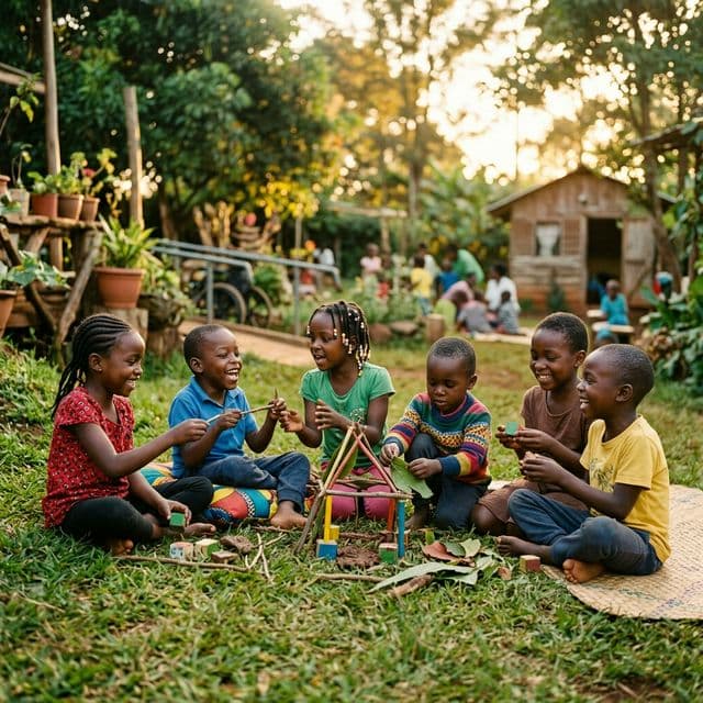 Crianças sorrindo e interagindo num ambiente ao ar livre